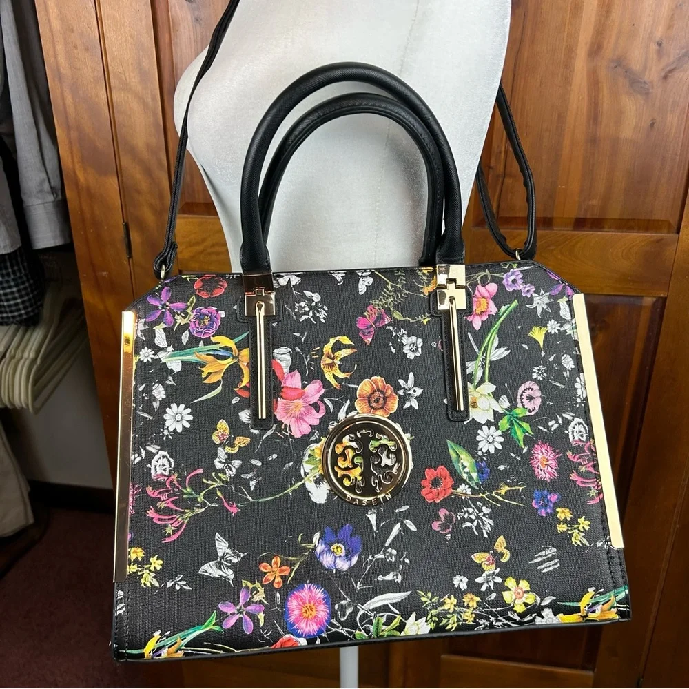 DASEIN Large Vegan Leather Floral Black Flower Satchel Handbag Shoulder Tote